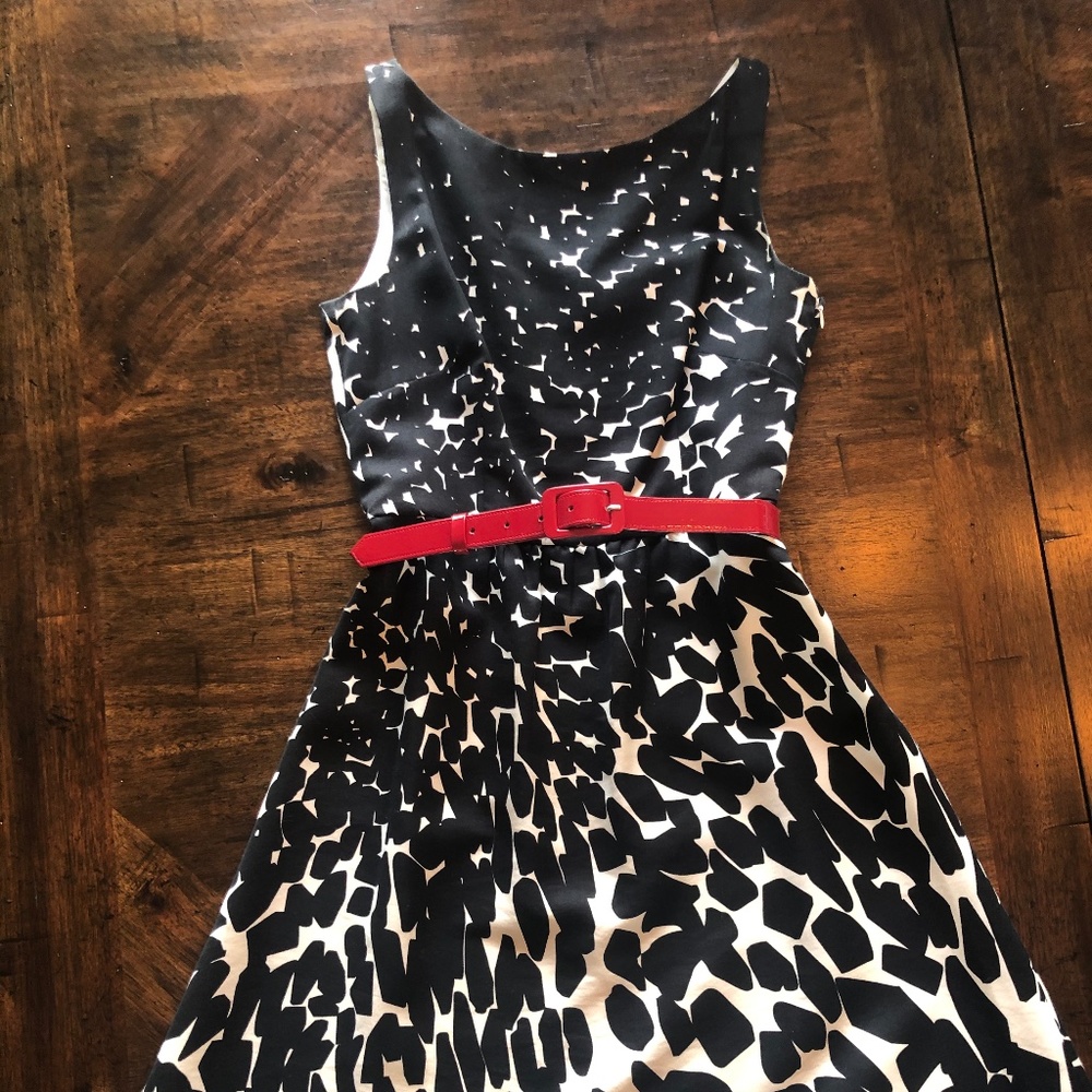 Ann Taylor Black and White Dress with Red belt